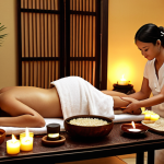 **A serene spa scene in Malaysia:** "Luxurious Malaysian spa interior, soft lighting, traditional Malay decor, aromatherapy candles, Urut Melayu massage in progress, serene atmosphere, focus on relaxation, Polish woman receiving treatment, herbal tea on a side table. Soft, diffused lighting, high detail."