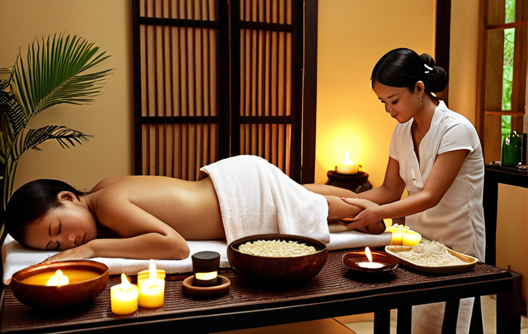 **A serene spa scene in Malaysia:** "Luxurious Malaysian spa interior, soft lighting, traditional Malay decor, aromatherapy candles, Urut Melayu massage in progress, serene atmosphere, focus on relaxation, Polish woman receiving treatment, herbal tea on a side table. Soft, diffused lighting, high detail."